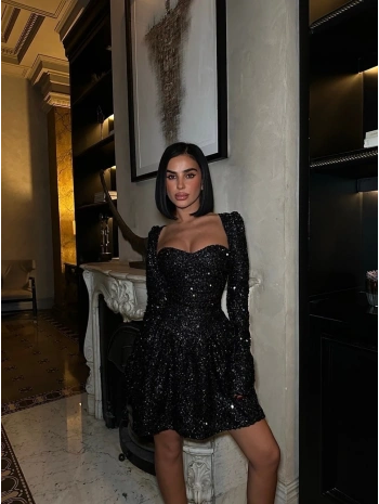 PAYET GLOPLU UZUN KOL ELBİSE SİYAH