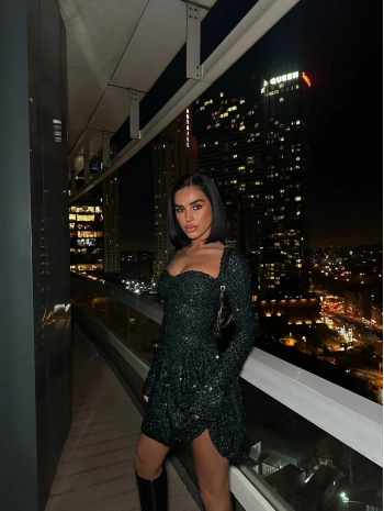 PAYET GLOPLU UZUN KOL ELBİSE YEŞİL