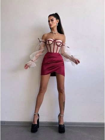 SATEN BÜSTİYER & ETEK SET BORDO