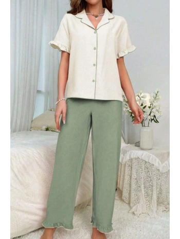 Secret Dream Yeşil Kruvaze Yaka Fırfır Detaylı Pijama Takımı 7023