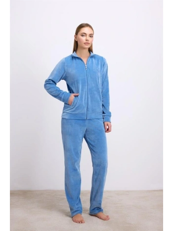 Uzun Kollu Fermuarlı Kadife Sweatshirt ve Pantolon Pijama Takımı