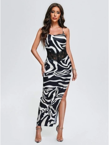 ZEBRA DESEN DANTEL DETAY UZUN ELBİSE ZEBRA