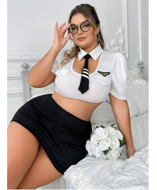 Morliva Büyük Beden Beyaz Bolerolu Mini Etekli Fantezi Havacı Kız Kostümü