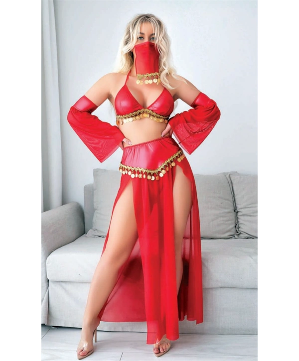 Kırmızı Peçeli Seksi Dansöz Kostümü