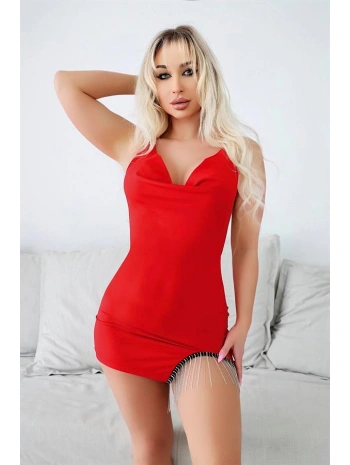 Morliva Bacak Kısmı Boncuk Detaylı Kırmızı Mini Fantezi Gecelik