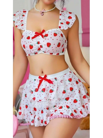Morliva Beyaz Çilek Desenli Etekli Fantezi Sütyen Takım