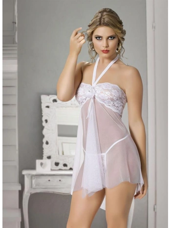 Morliva  Beyaz Dantel İşlemeli Boyundan Bağlamalı Fantezi Tül Gecelik