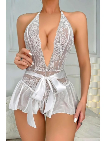 Morliva  Beyaz Dantel İşlemeli Özel Bölgesi Açık Fantezi Kurdelalı Body