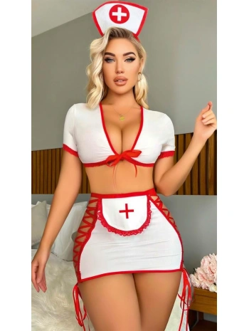 Morliva Beyaz Kenarları İp Detaylı Fantezi Hemşire Kostüm