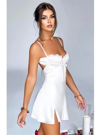 Morliva Beyaz Yırtmaç Detaylı Fantezi Mini Club Elbisesi