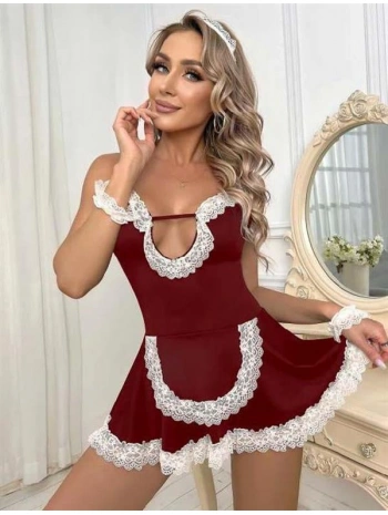 Morliva Bordo Beyaz Aksesuarlı Dantelli Fantezi Hizmetçi Kostümü
