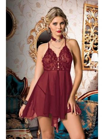 Morliva Bordo Dantel İşlemeli Boyundan Bağlamalı Fantezi Tül Gecelik