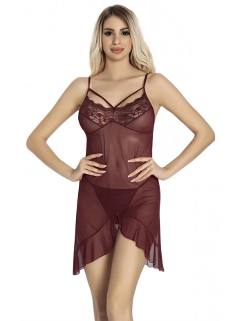 Morliva  Bordo Dantel İşlemeli Göğüs İp Detaylı Fantezi Tül Gecelik