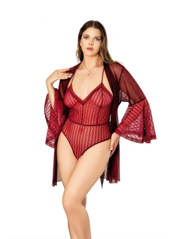 Bordo Sırt Detaylı Fantezi Tül Gecelik Body