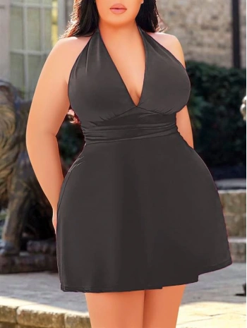 Morliva  Büyük Beden Antrasit Boyundan Bağlamalı Mini Gecelik