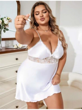 Morliva Büyük Beden Beyaz Dantel İşlemeli Saten Gecelik