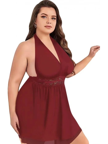 Morliva Büyük Beden Bordo Dantel İşlemeli Boyundan Bağlamalı Fantezi Tül Gecelik