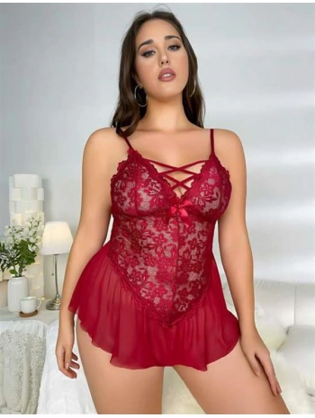 Morliva Büyük Beden Bordo Dantel İşlemeli Fırfırlı Fantezi Babydoll