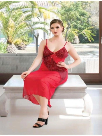 Morliva Büyük Beden Bordo Leopar Desen Tül Fantezi Uzun Gecelik