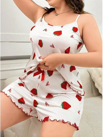 Morliva  Büyük Beden Çilek Desen Pamuklu Şortlu Pijama Takımı