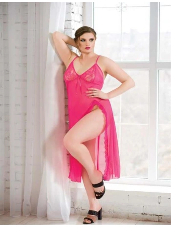 Morliva  Büyük Beden Fuşya Dantelli Tül Fantezi Uzun Yırtmaçlı Gecelik