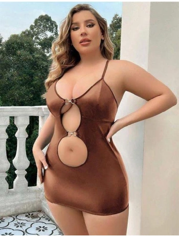 Morliva Büyük Beden Kahverengi Deri Metal Aksesuarlı Fantezi Elbise