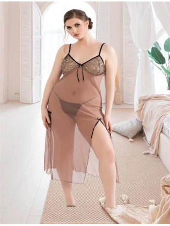 Morliva Büyük Beden Kahverengi Tül Fantezi Uzun Yırtmaçlı Gecelik