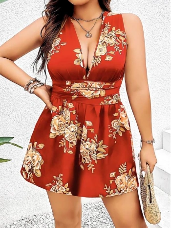 Morliva  Büyük Beden Kahverengi Üstüne Çiçek Desenli Sırt Detaylı Elbise