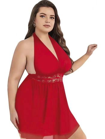 Morliva Büyük Beden Kırmızı Dantel İşlemeli Boyundan Bağlamalı Fantezi Tül Gecelik