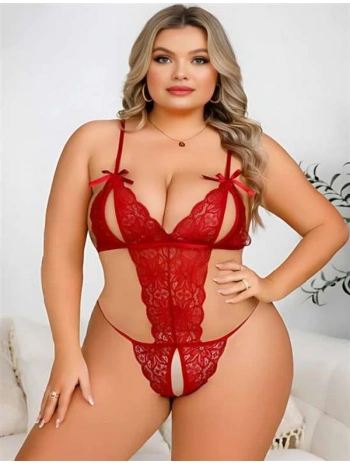 Morliva  Büyük Beden Kırmızı Dantel İşlemeli Dekolteli Fantezi Babydoll