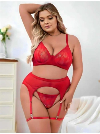 Morliva  Büyük Beden Kırmızı Dantel İşlemeli Fantezi Jartiyer Takımı