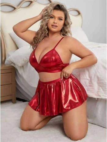 Morliva Büyük Beden Kırmızı Deri Etekli Fantezi Kostüm