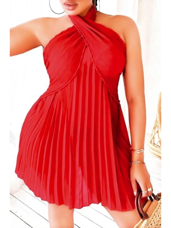 Morliva  Büyük Beden Kırmızı Fırfırlı Boyundan Bağlamalı Gecelik