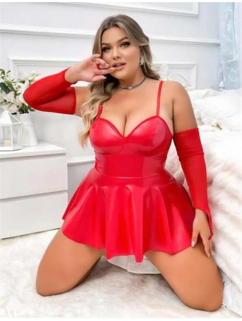 Morliva Büyük Beden Kırmızı Parlak Deri Fantezi Elbise