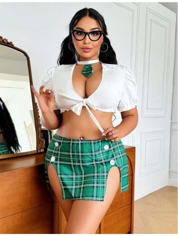 Morliva Büyük Beden Kravatlı Yeşil Ekose Desen Etekli Fantezi Liseli Kostüm