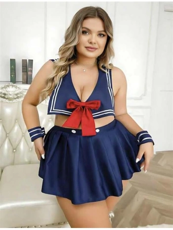 Morliva Büyük Beden Lacivert Büstiyerli Kurdela Detaylı Mini Etekli Fantezi Denizci Kostümü