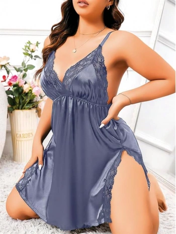 Morliva  Büyük Beden Lacivert Dantel İşlemeli İnce Askılı Saten Fantezi Gecelik