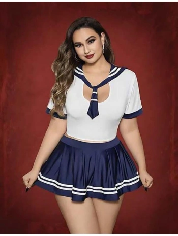 Morliva  Büyük Beden Lacivert Mini Etekli Fantezi Denizci Kostümü