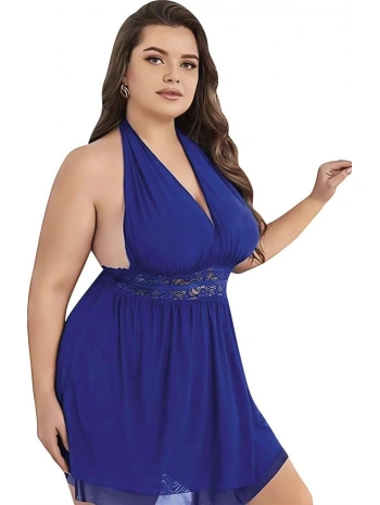 Morliva Büyük Beden Mavi Dantel İşlemeli Boyundan Bağlamalı Fantezi Tül Gecelik