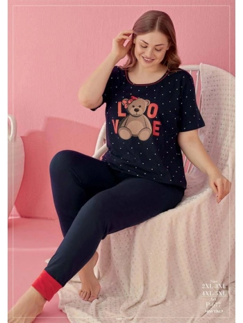 Morliva Büyük Beden Pamuklu Love Bear Ayıcık Desenli Lacivert Kısa Kol Pijama Takımı