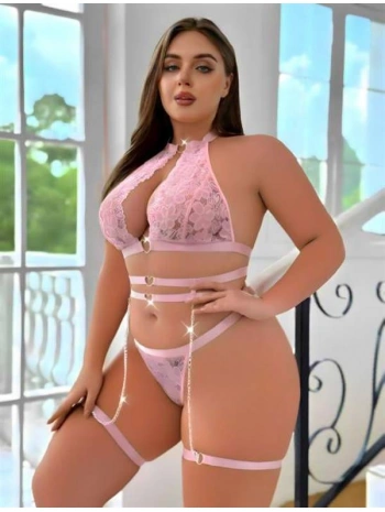 Morliva  Büyük Beden Pembe Dantel İşlemeli Zincir Detaylı Jartiyer Takımı