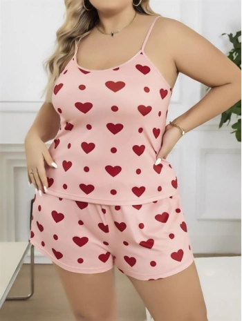 Morliva  Büyük Beden Pembe Kalp Desen Pamuklu Şortlu Pijama Takımı