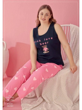 Morliva Büyük Beden Pink Love Bear Kalp ve Ayıcık Desenli Pembe Kısa Kol Pijama Takımı