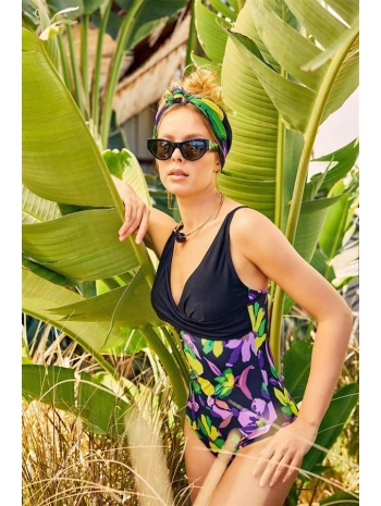 Morliva  Büyük Beden Siyah Çiçek Desenli Drapeli Mayo