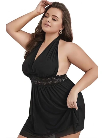 Morliva  Büyük Beden Siyah Dantel İşlemeli Boyundan Bağlamalı Fantezi Tül Gecelik