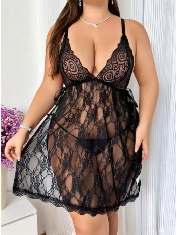 Morliva Büyük Beden Siyah Dantel İşlemeli Fantezi Tül Gecelik