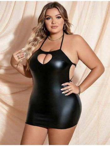 Morliva Büyük Beden Siyah Deri Göğüs Dekolteli Fantezi Elbise