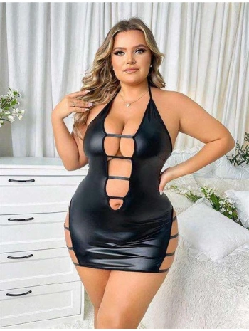 Morliva Büyük Beden Siyah Deri İp Detaylı Fantezi Elbise