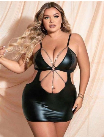 Morliva  Büyük Beden Siyah Deri Zincir Aksesuarlı Fantezi Elbise