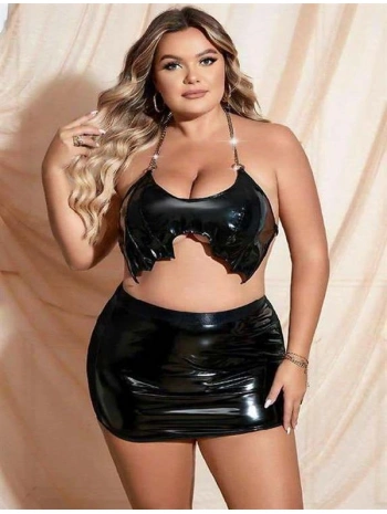 Morliva  Büyük Beden Siyah Deri Zincir Detaylı Etekli Fantezi Takım